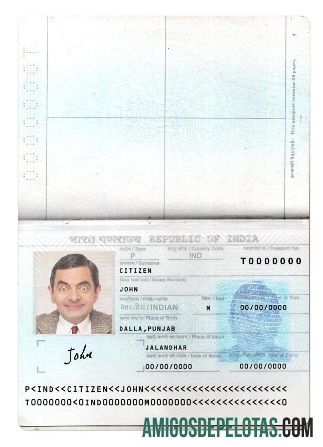 Passaporte da Índia Nova Versão 2 Páginas 1 exemplo